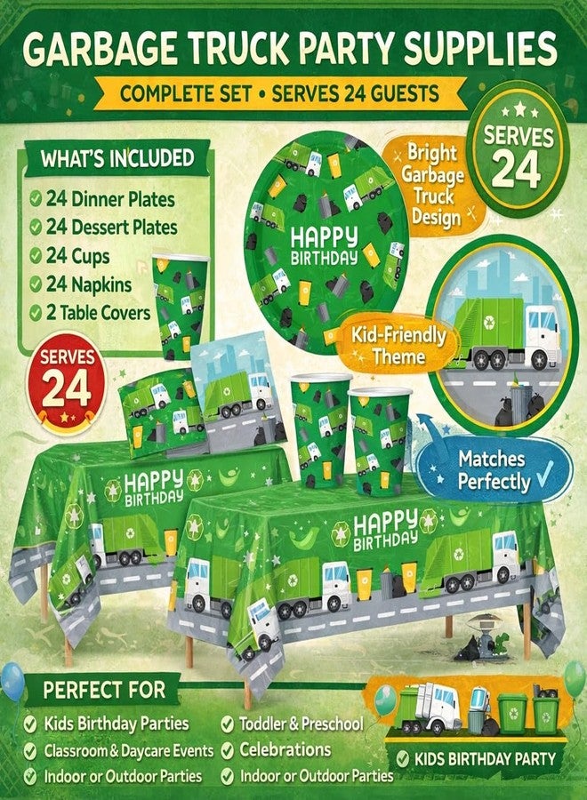 Oojami Garbage Truck Party Supplies - Serves 24, Complete Birthday Tableware Set with Plates, Cups, Napkins & Table Covers for Kids Garbage Truck Theme Party - Image 5